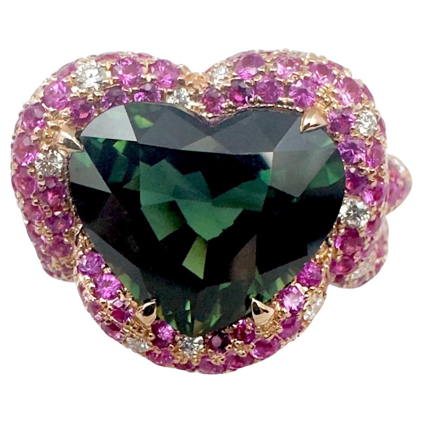 Unheated Heart Shape Green Sapphire with Pink Sapphire Ring in 18K Rose Gold For Sale