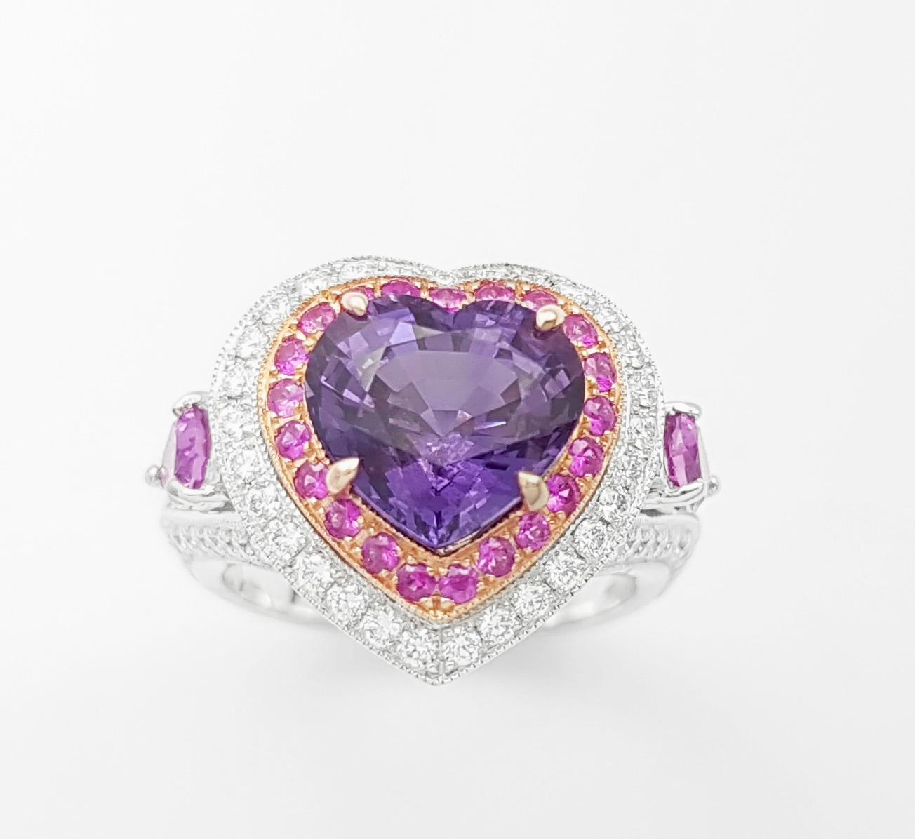 Bague en or 18 carats en forme de cœur non chauffé, saphir violet, saphir rose et diamant en vente 5