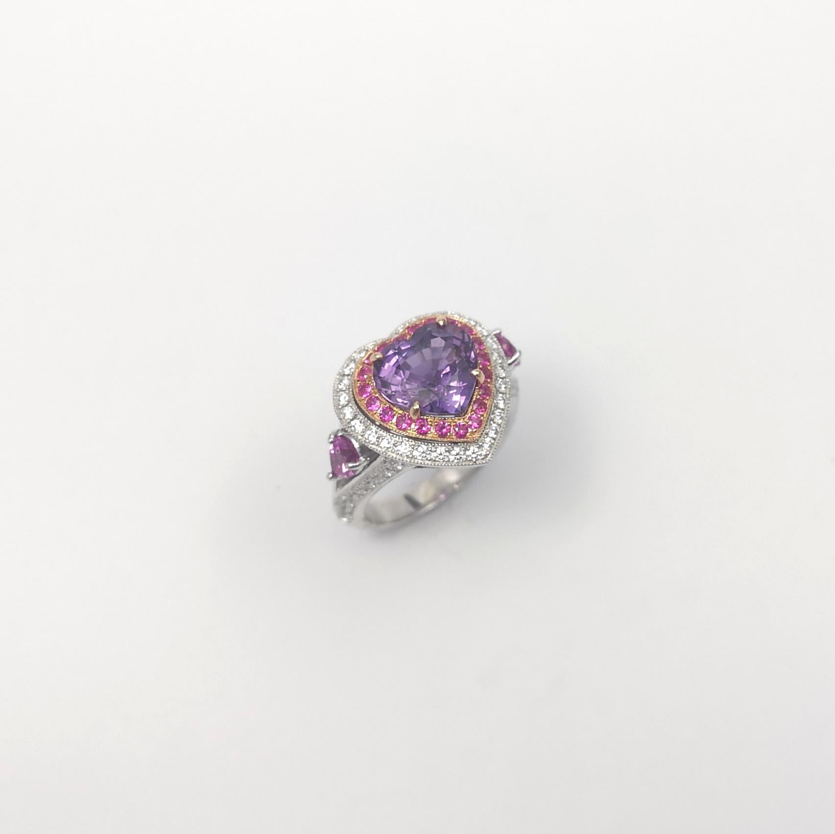 Bague en or 18 carats en forme de cœur non chauffé, saphir violet, saphir rose et diamant en vente 6