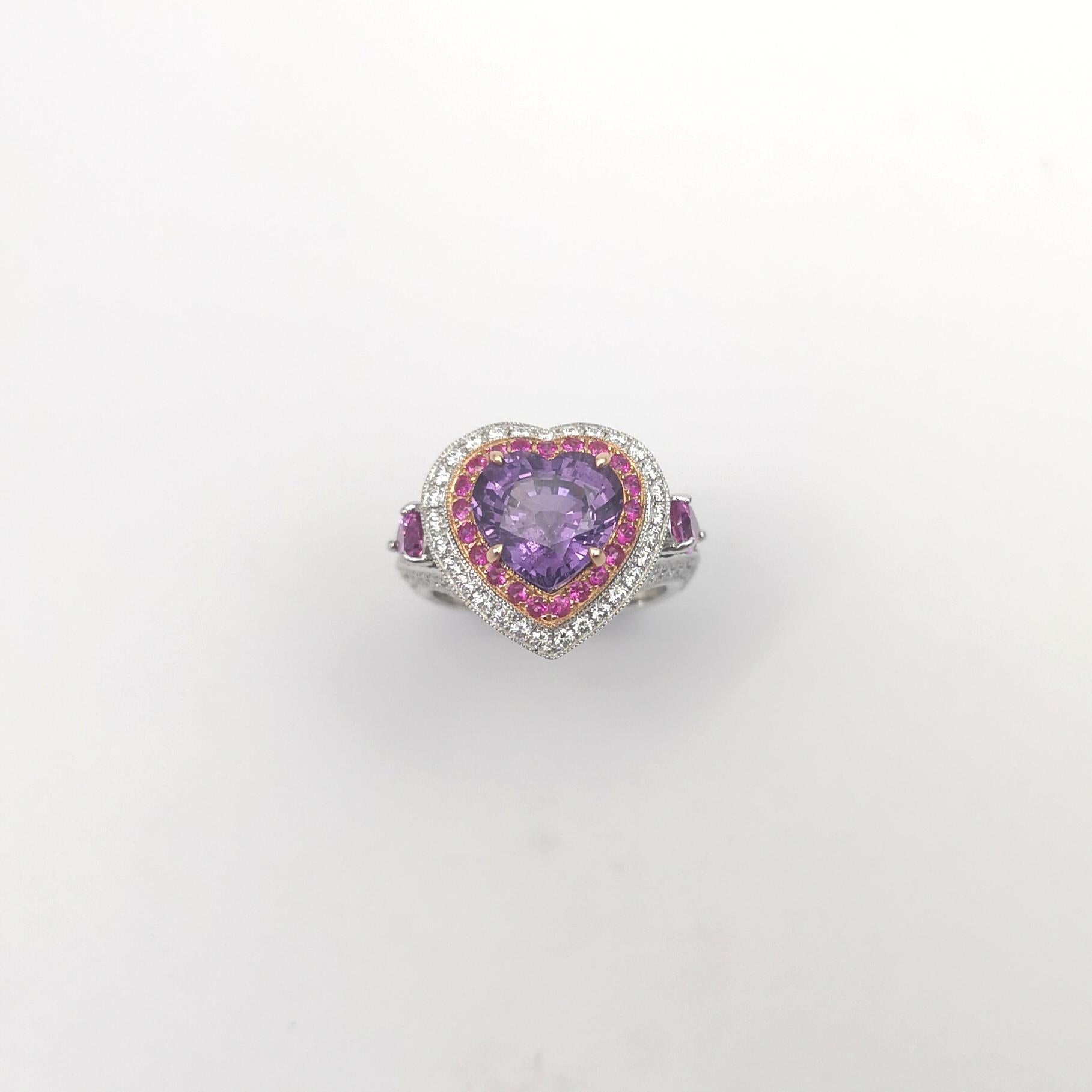Bague en or 18 carats en forme de cœur non chauffé, saphir violet, saphir rose et diamant en vente 7