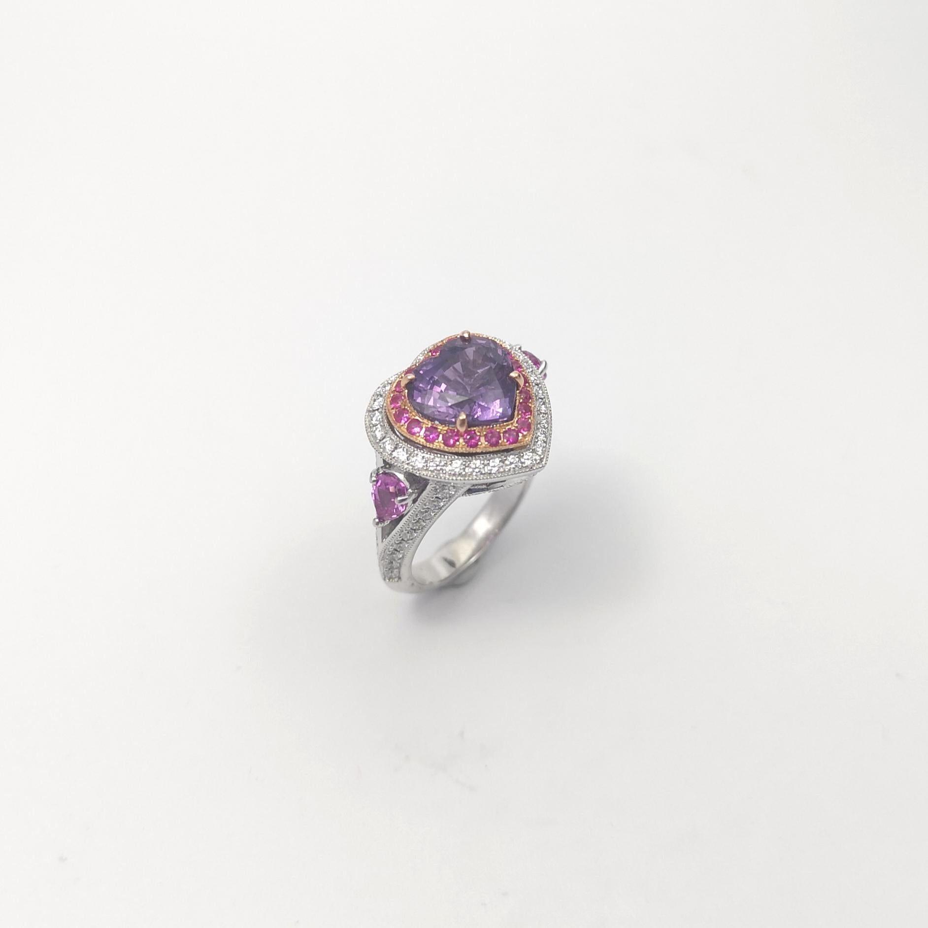 Bague en or 18 carats en forme de cœur non chauffé, saphir violet, saphir rose et diamant en vente 8
