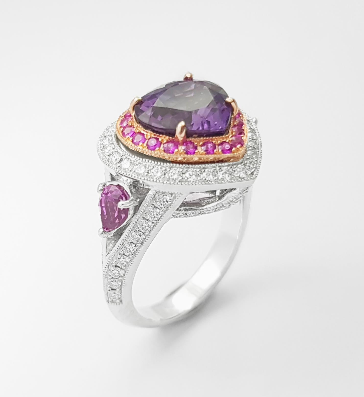 Bague en or 18 carats en forme de cœur non chauffé, saphir violet, saphir rose et diamant en vente 9