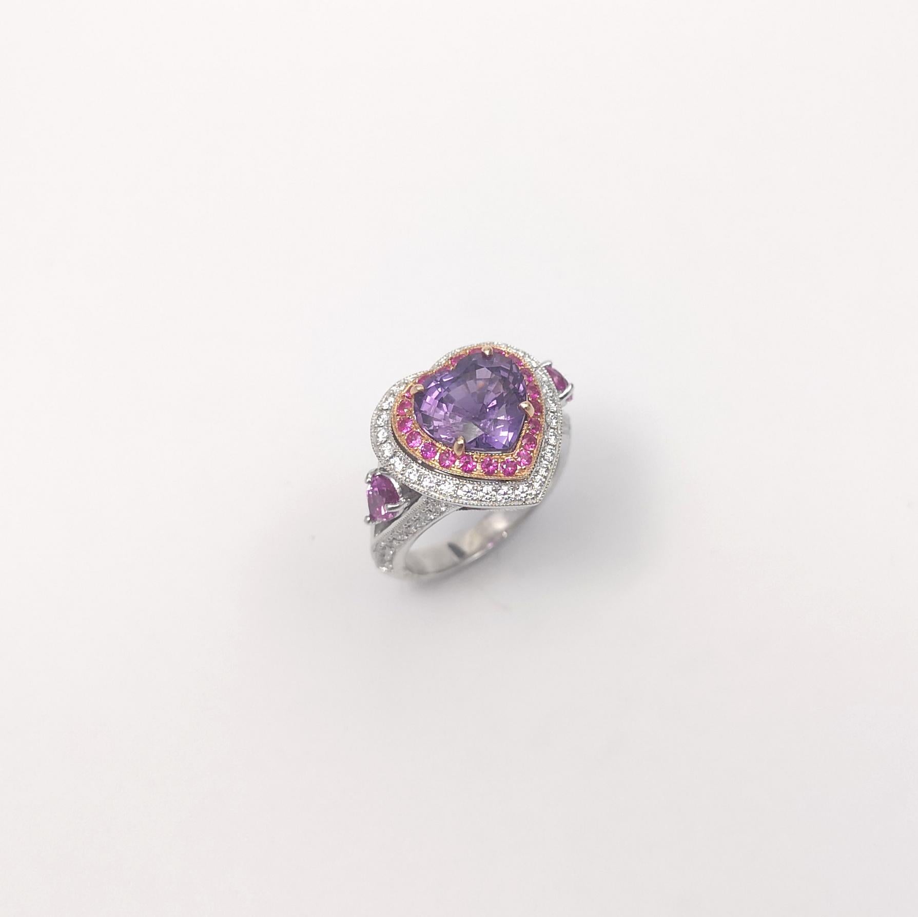 Bague en or 18 carats en forme de cœur non chauffé, saphir violet, saphir rose et diamant en vente 3