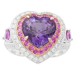Unheated Heart Shape Purple Sapphire, Pink Sapphire, Diamond Ring in 18K Gold
