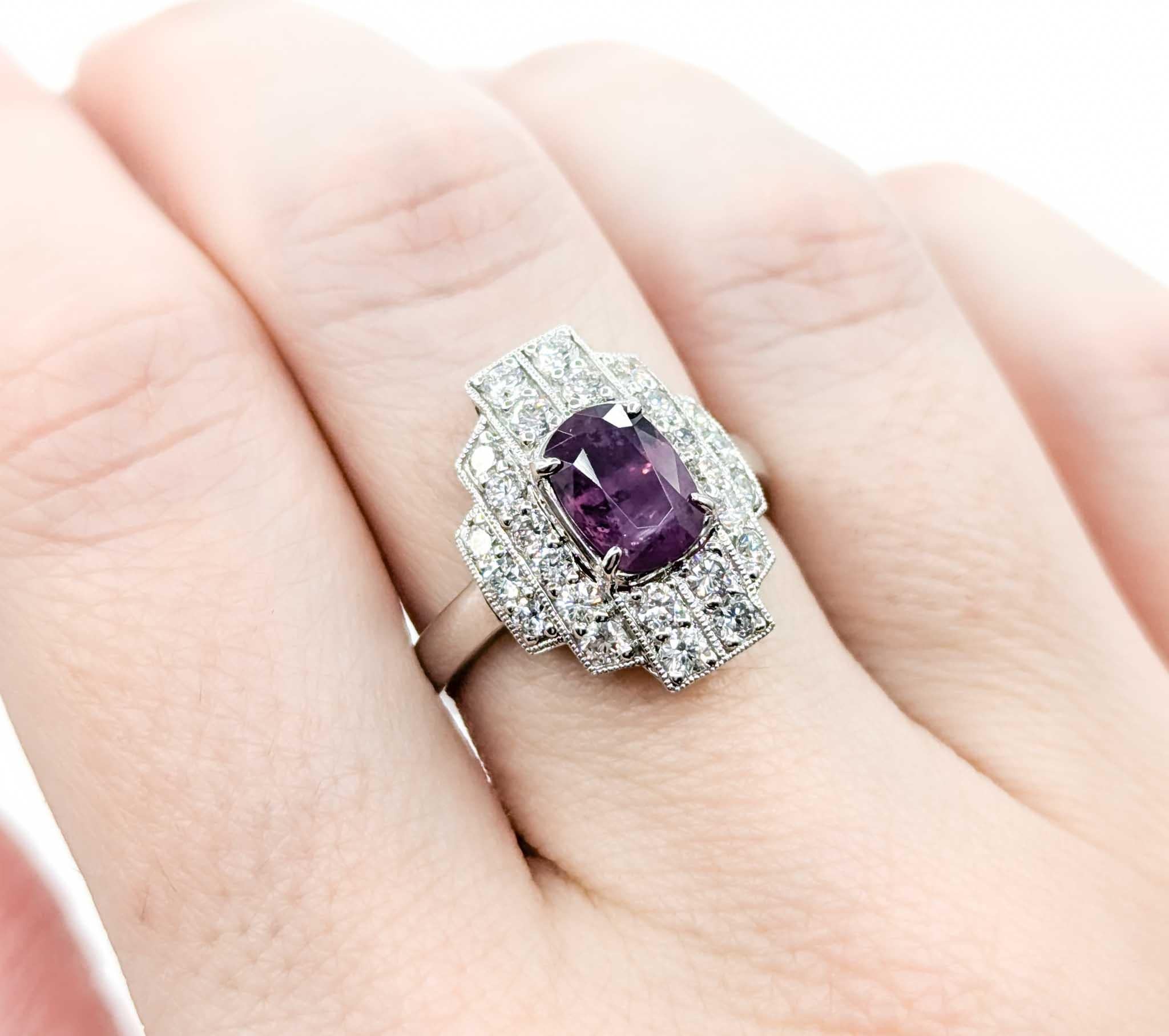 Unheated Kashmir Sapphire and Diamond Art Deco Inspired Ring in Platinum In Excellent Condition In Bloomington, MN