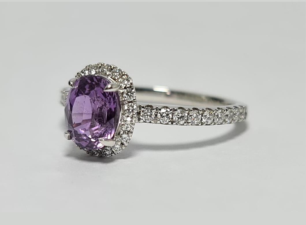 GFCO Certified Unheated Madagascar 1.67 Ct Lavender Lilac Sapphire,Natural  Vvs F Diamonds Halo and Shank 18K White Gold Ring 