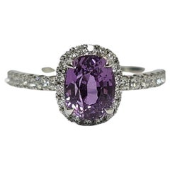 Bague en or blanc 18K Lavande Lilas 1.67Ct Saphir Diamant Halo/Shank