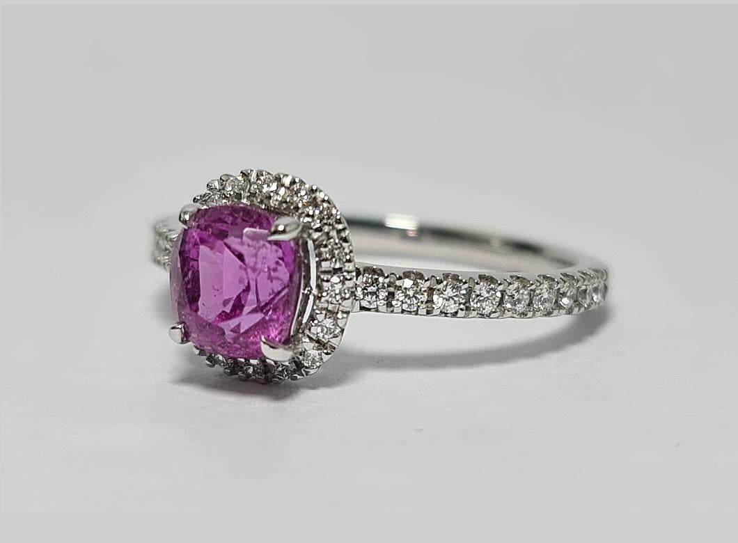 GFCO Certified Unheated Madagascar Vivid Pink 1.53CT Cushion Cut Sapphire, Natural Diamond Halo and Shank VVs F 18K White Gold Ring.