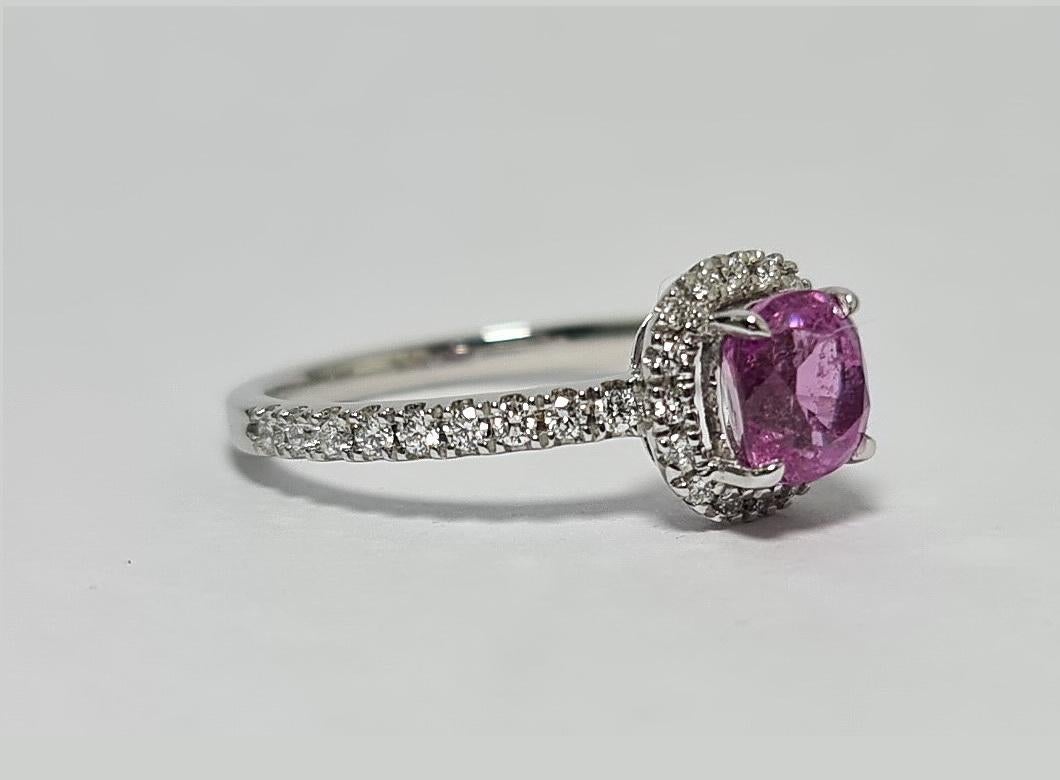Contemporary Unheated Vivid Pink 1.53Ct  Sapphire Diamond Halo 18K White Gold Ring For Sale