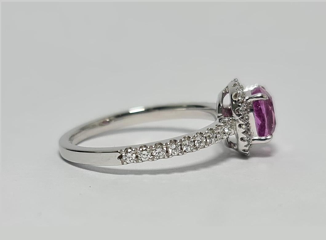 Antique Cushion Cut Unheated Vivid Pink 1.53Ct  Sapphire Diamond Halo 18K White Gold Ring For Sale