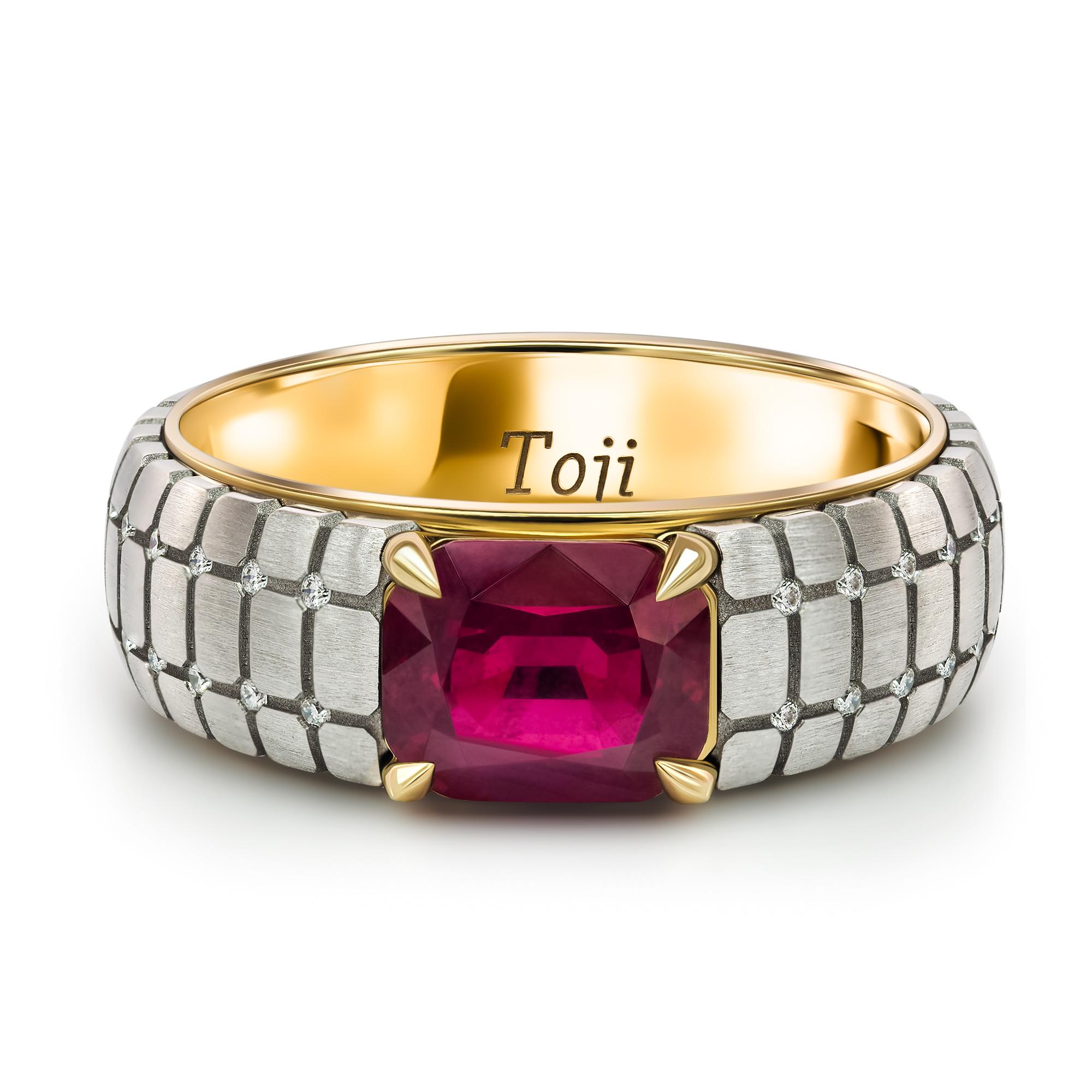 King of the Castle Ruby Ring 
•	18k white & yellow gold Unheated pigeon blood color in excellent cushion cut total carat weight 2.89 ct. 
•	Diamonds, 44 pc round cut – total carat weight 0.19.  
•	Ring size – 11’.
•	Weight – 7.29 grams.
•	SSEF Lab