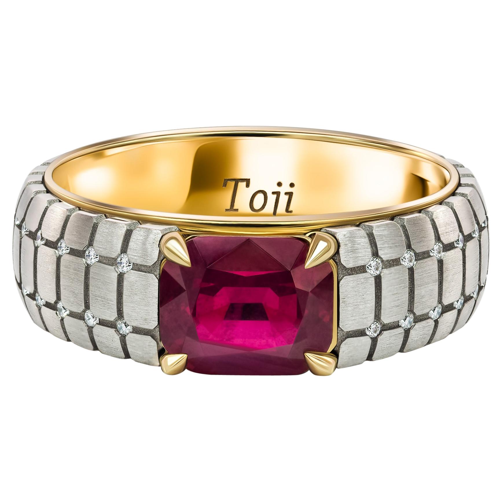 Unheated Men Ruby Ring, 18k White & Yellow Gold and Diamonds Ring For Sale