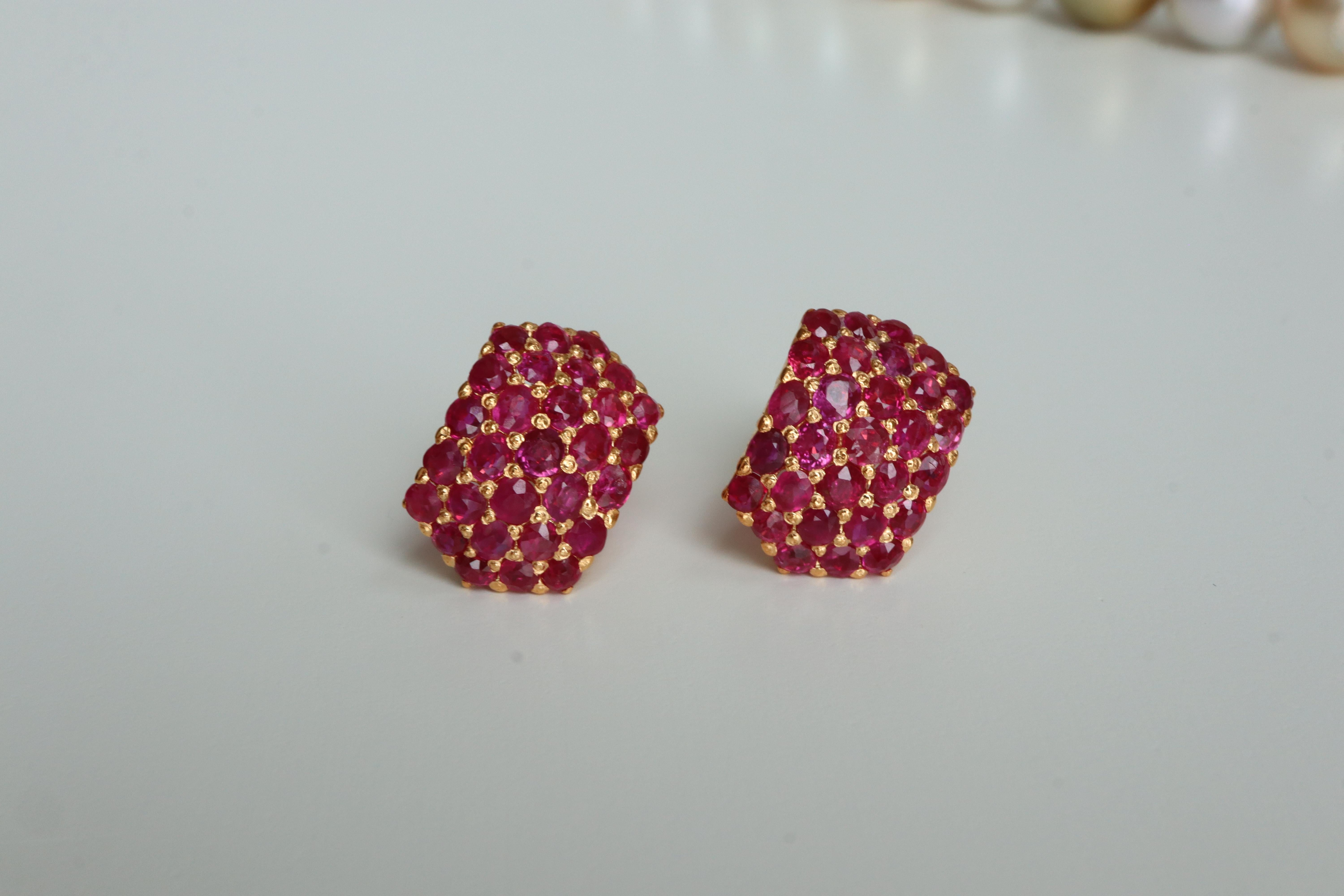 These vintage-inspired chunky ruby earrings feature 58 natural, unheated Mogok rubies in rich red tones, meticulously crafted in 18k solid gold with a bold dome silhouette. A hidden hook at the base allows you to attach pearls or gemstone drops,
