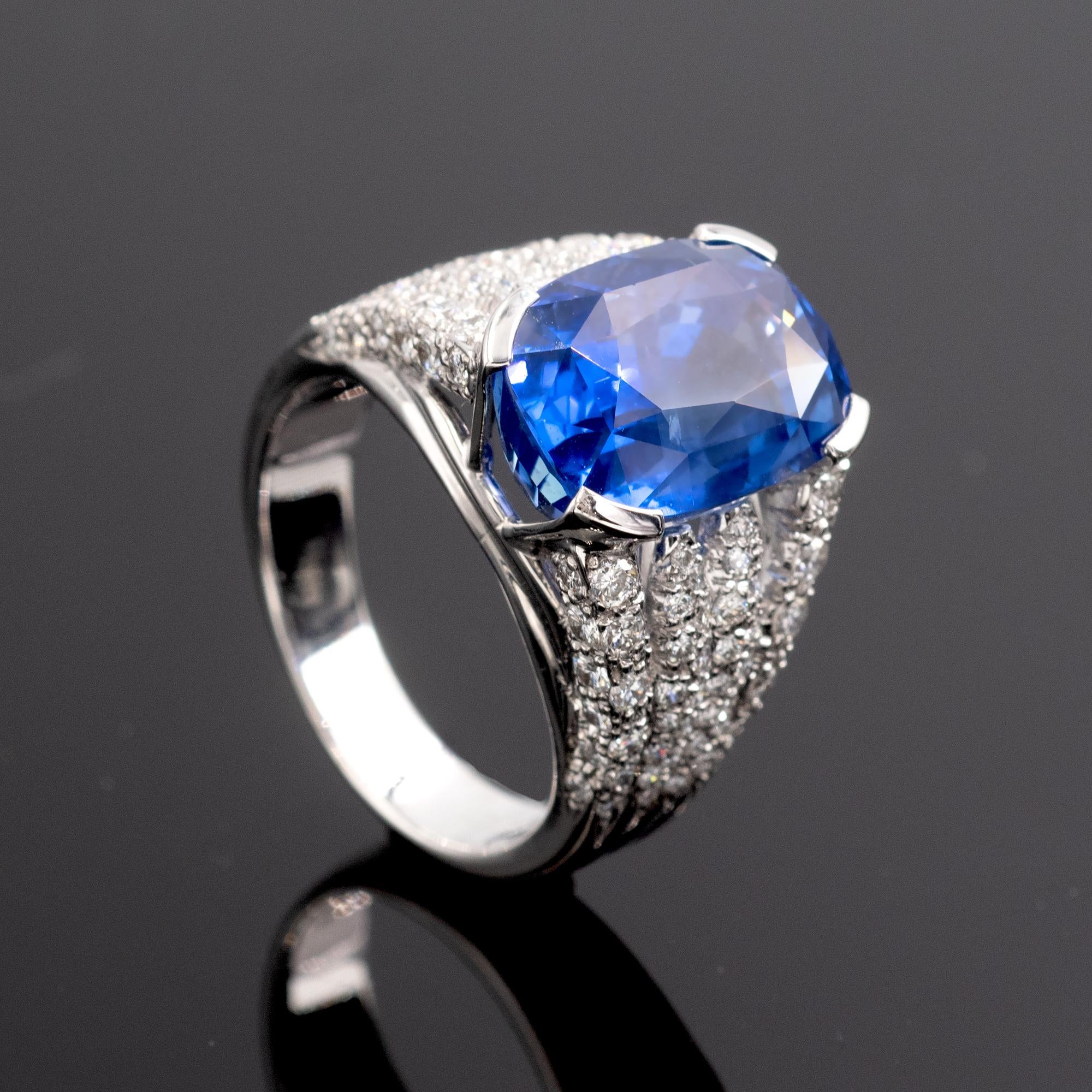 Cushion Cut Unheated Natural 10.37 Carat Sapphire and Diamond Ring For Sale
