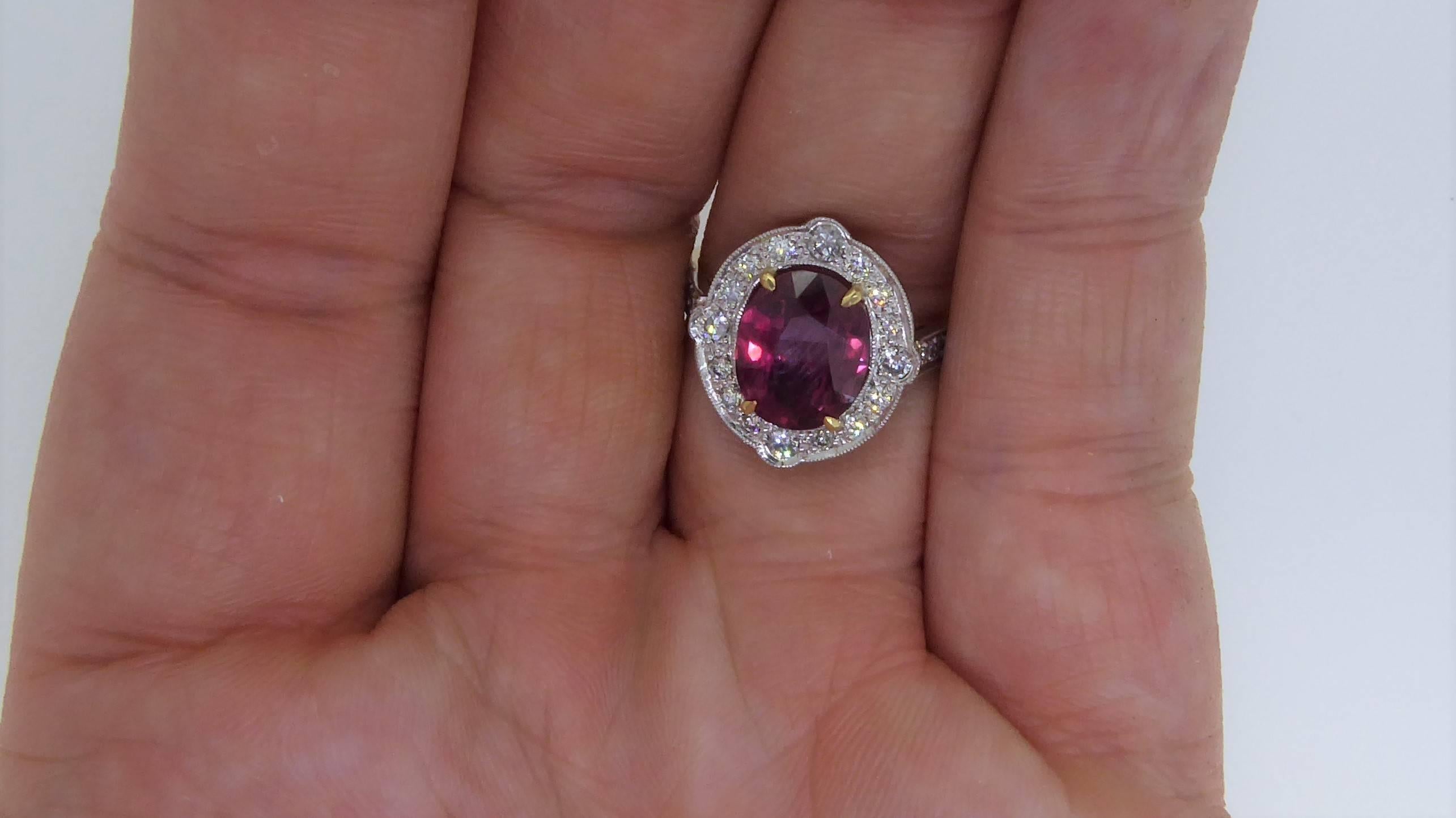Unheated Natural Thai Ruby, Diamond, 18 Carat Gold and Platinum Cluster Ring 2