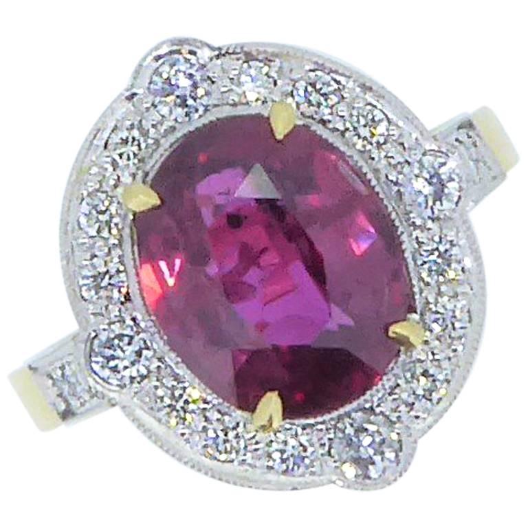 Unheated Natural Thai Ruby, Diamond, 18 Carat Gold and Platinum Cluster Ring