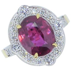 Unheated Natural Thai Ruby, Diamond, 18 Carat Gold and Platinum Cluster Ring