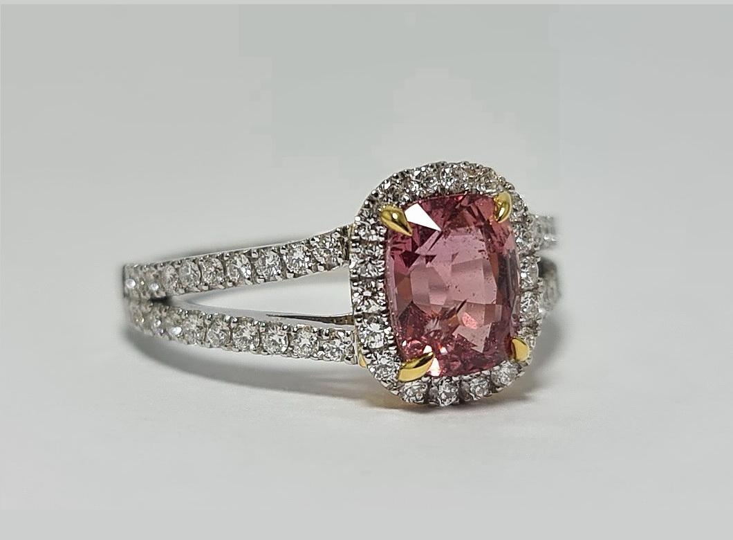 GFCO Certified Unheated 2.03 Ct Padparadscha Natural Sapphire and Diamond Halo with split shank Diamonds All Diamonds are natural VVS F
