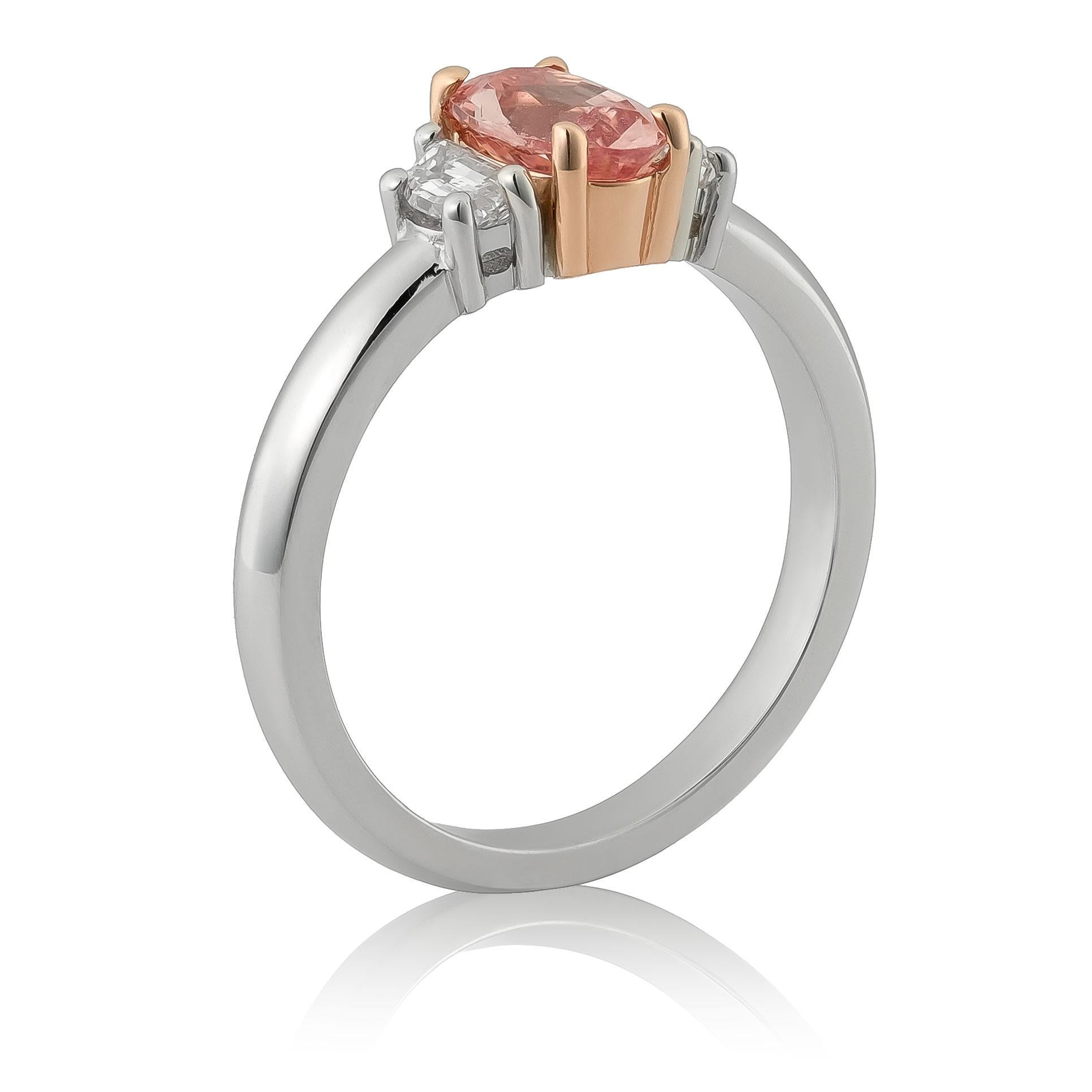Unheated Padparadscha Sapphire Gemstone 1.00 cts in Platinum Ring w 18KRG & Dia In New Condition For Sale In Los Angeles, CA
