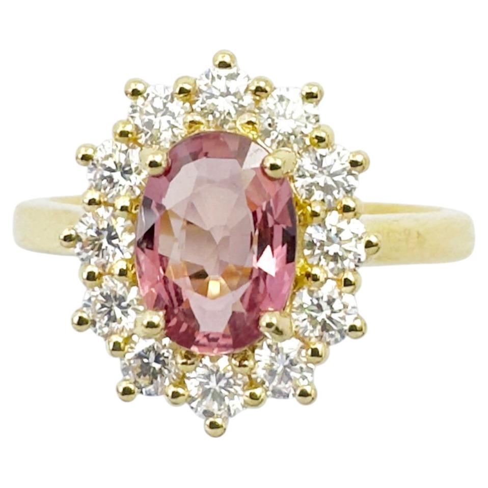 Unheated Padparadscha Sapphire with Diamond Ring set in 18K Gold Setting For Sale