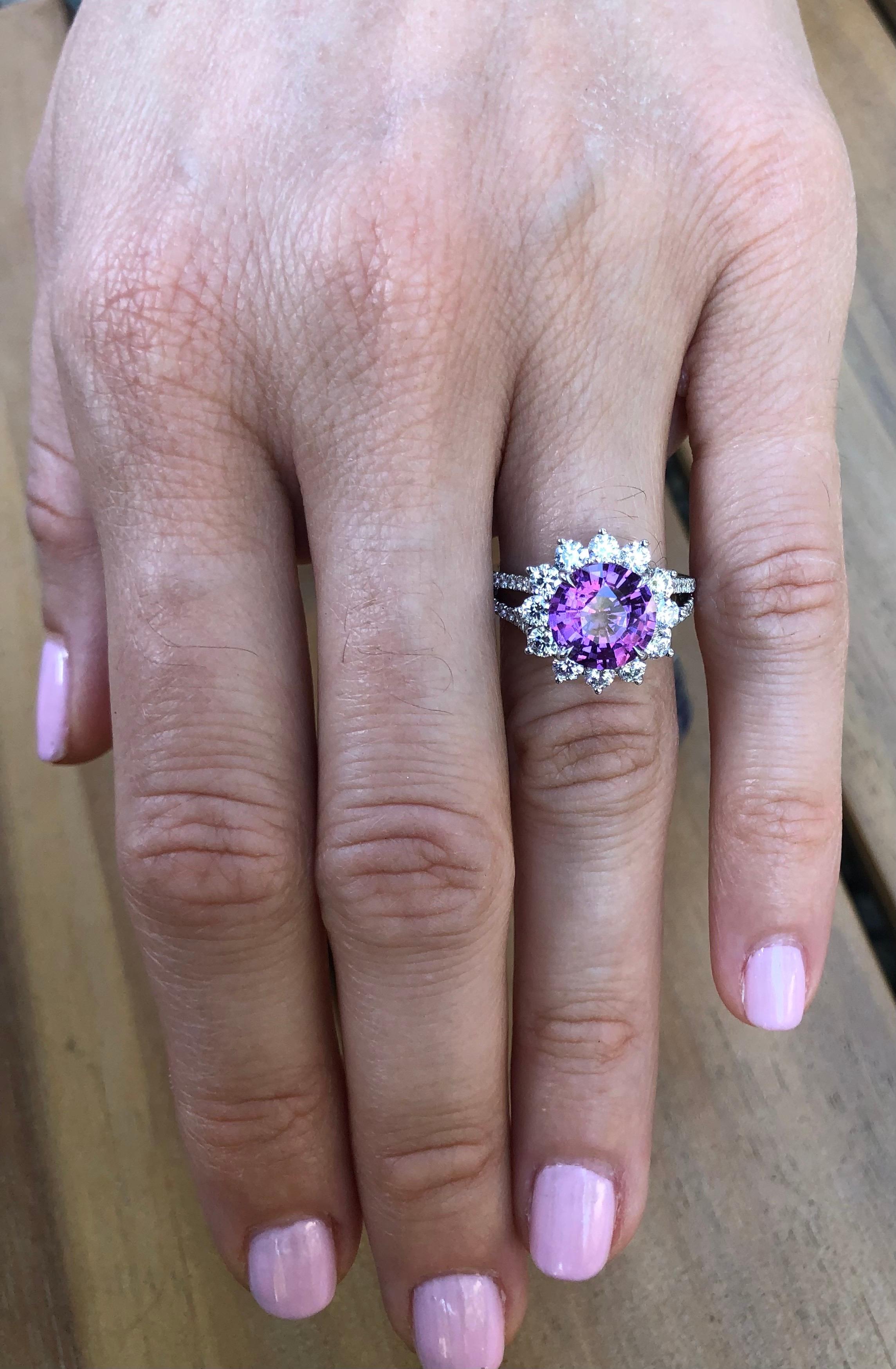 Round Cut Unheated Pink Purple Sapphire Ring 3.58 Carat Round No Heat