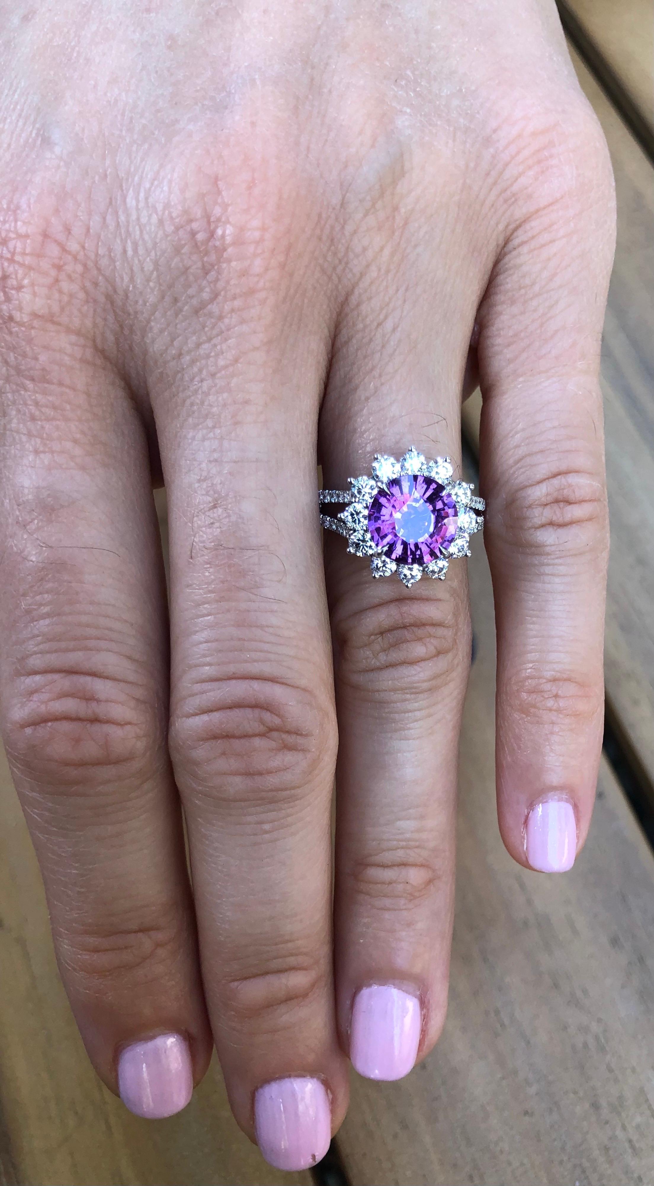 Unheated Pink Purple Sapphire Ring 3.58 Carat Round No Heat In New Condition In Beverly Hills, CA