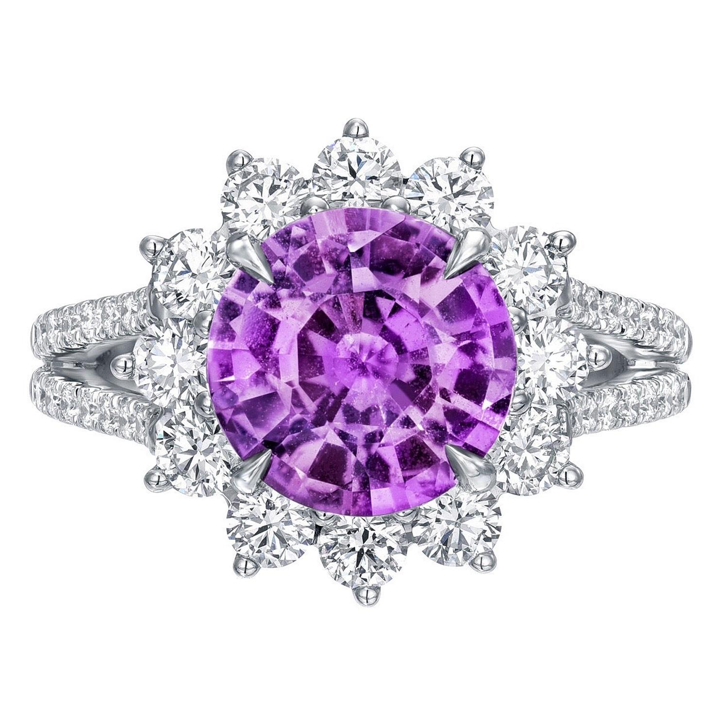 Unheated Pink Purple Sapphire Ring 3.58 Carat Round No Heat
