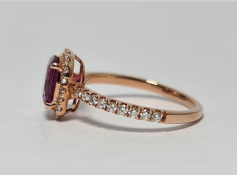 GFCO Unheated Vivid  Pink Sapphire 1.48 Ct 18k Rose Gold Diamond Halo Ring In New Condition For Sale In Los Angeles, CA
