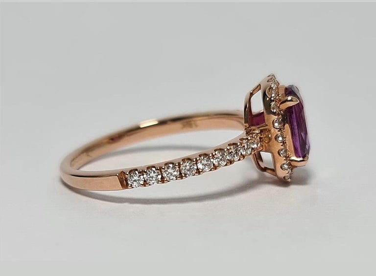 Antique Cushion Cut GFCO Unheated Vivid  Pink Sapphire 1.48 Ct 18k Rose Gold Diamond Halo Ring For Sale