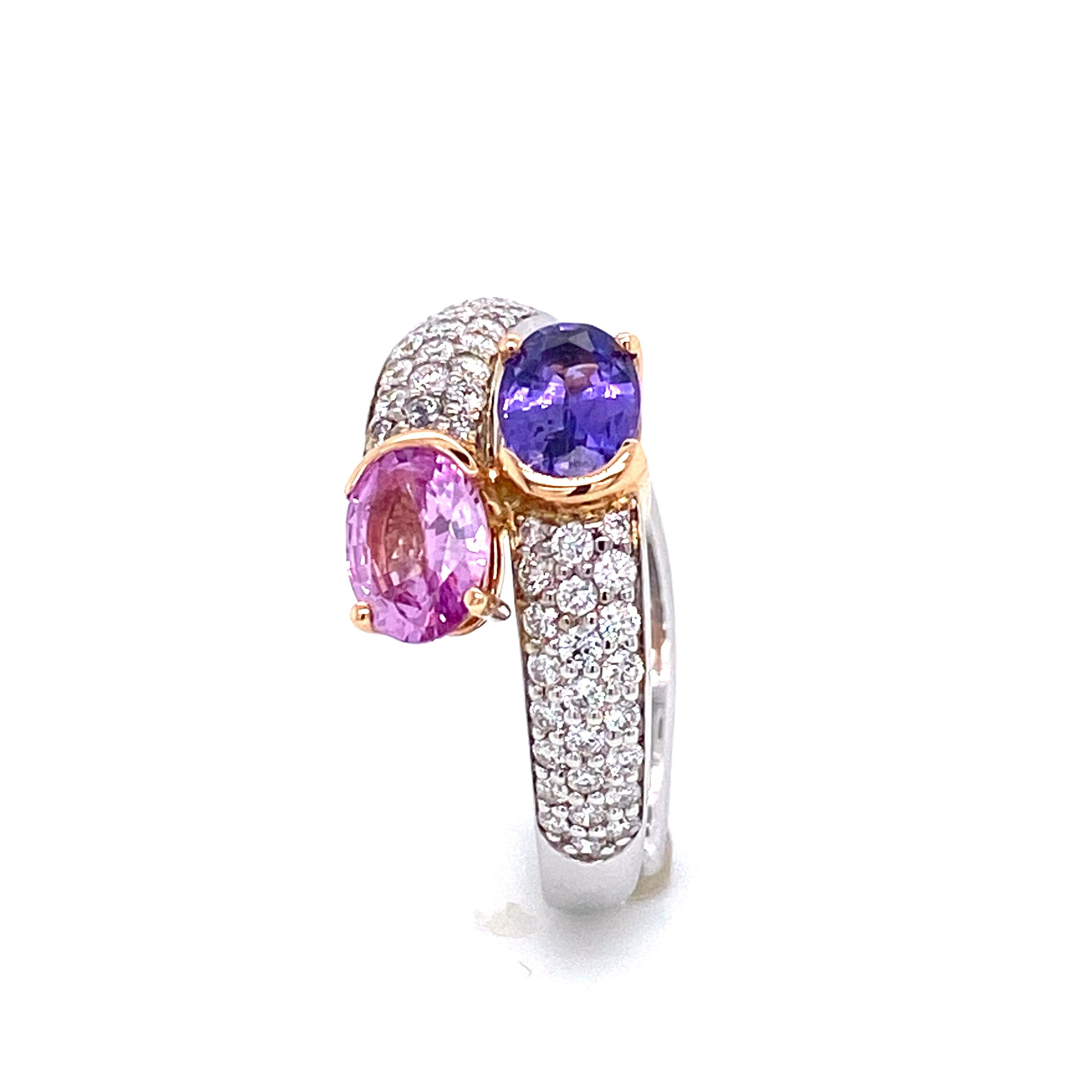 Contemporary Unheated Pink Sapphire, Diamonds on White and Rose Gold 18 Karat Cocktail Ring