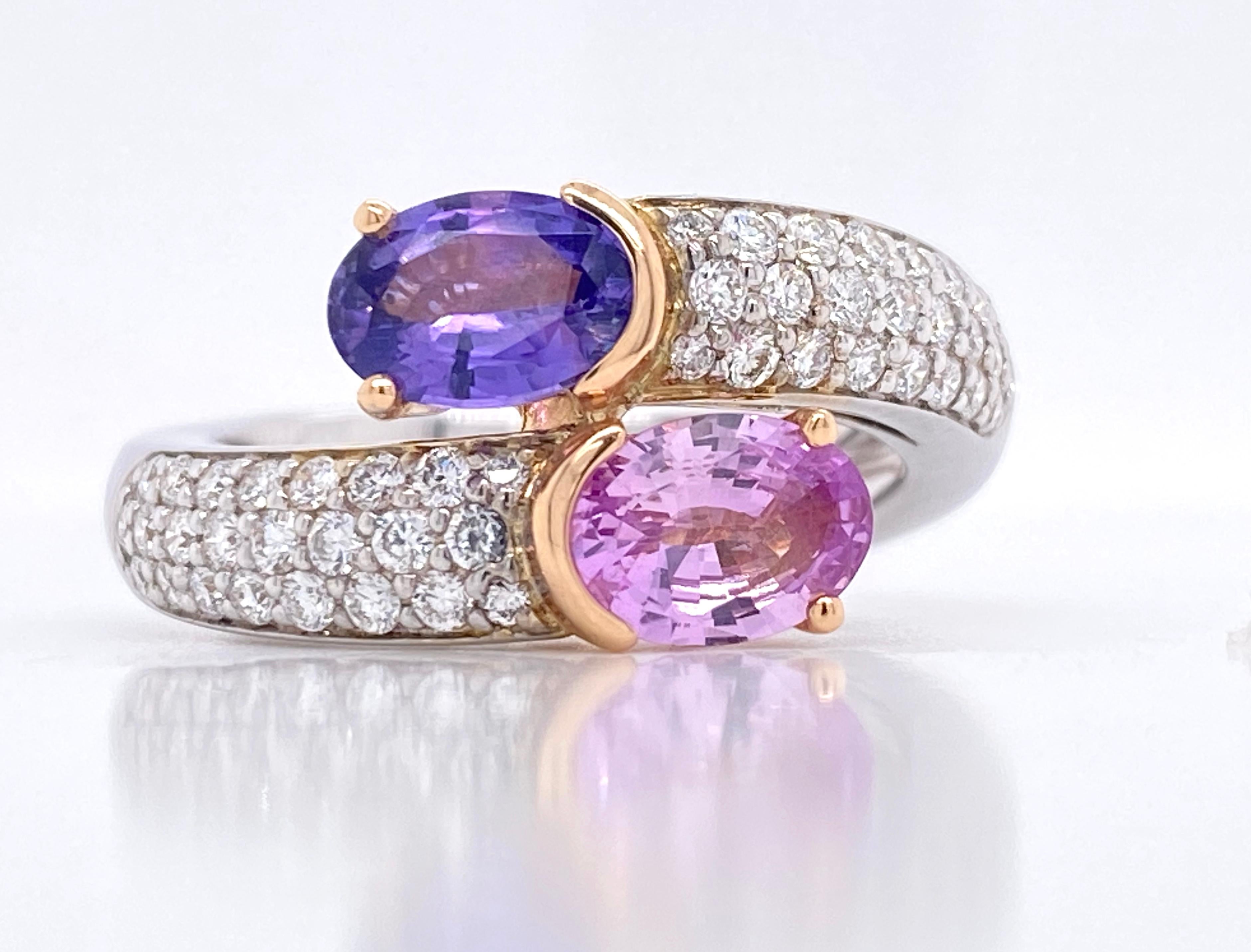 Oval Cut Unheated Pink Sapphire, Diamonds on White and Rose Gold 18 Karat Cocktail Ring