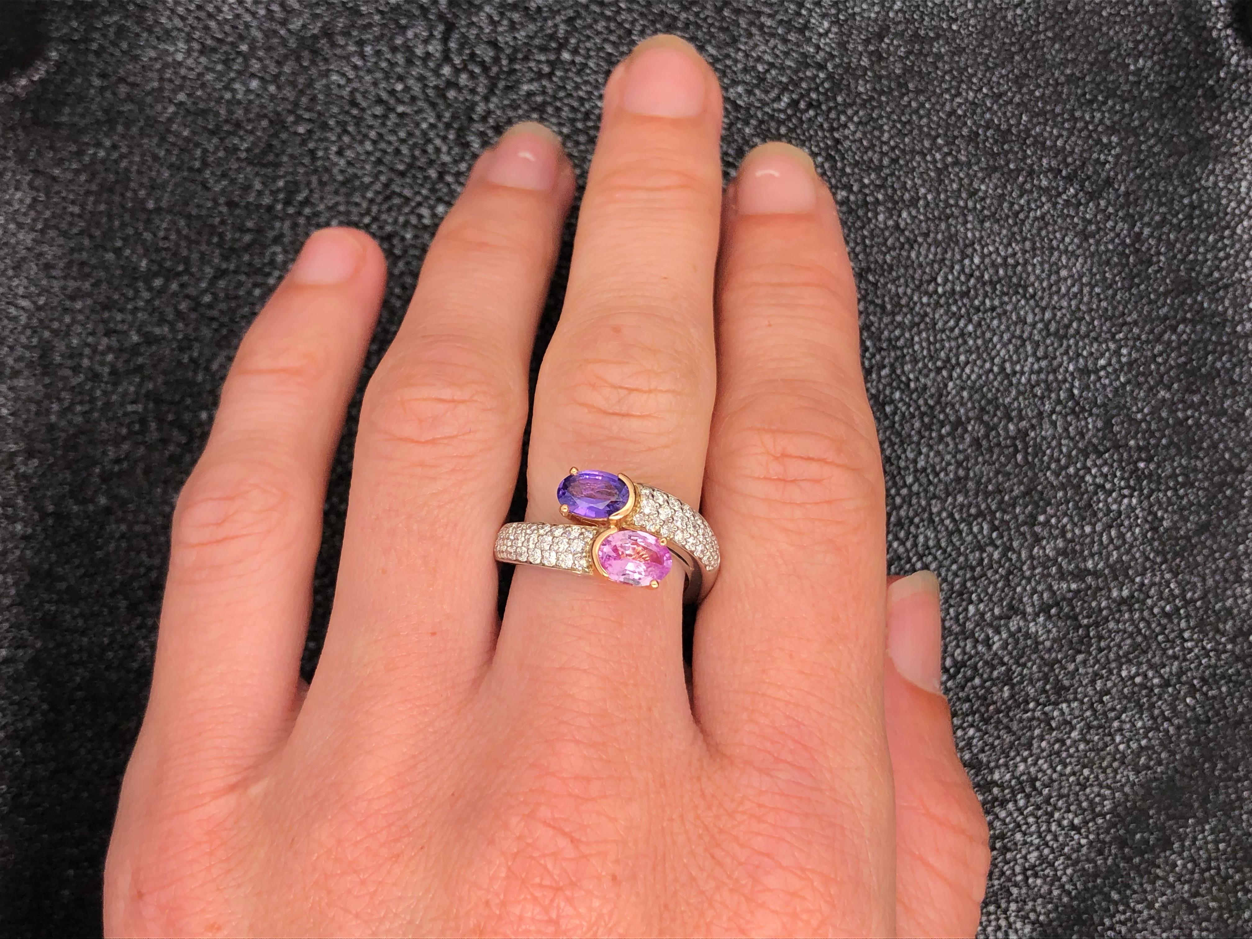 Women's Unheated Pink Sapphire, Diamonds on White and Rose Gold 18 Karat Cocktail Ring