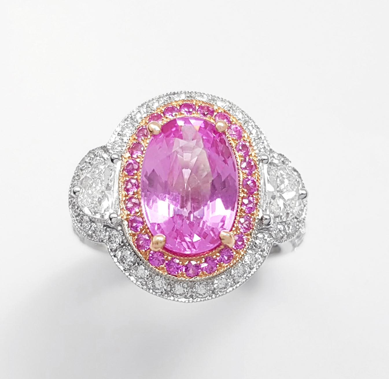 Unheated Pink Sapphire, Pink Sapphire and Diamond Ring in 18K Gold For Sale 6