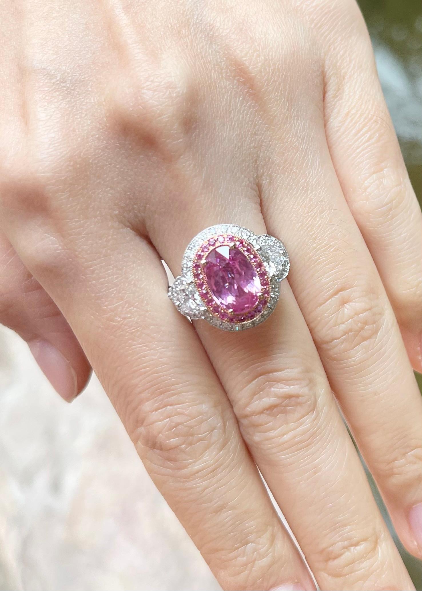 Contemporary Unheated Pink Sapphire, Pink Sapphire and Diamond Ring in 18K Gold For Sale