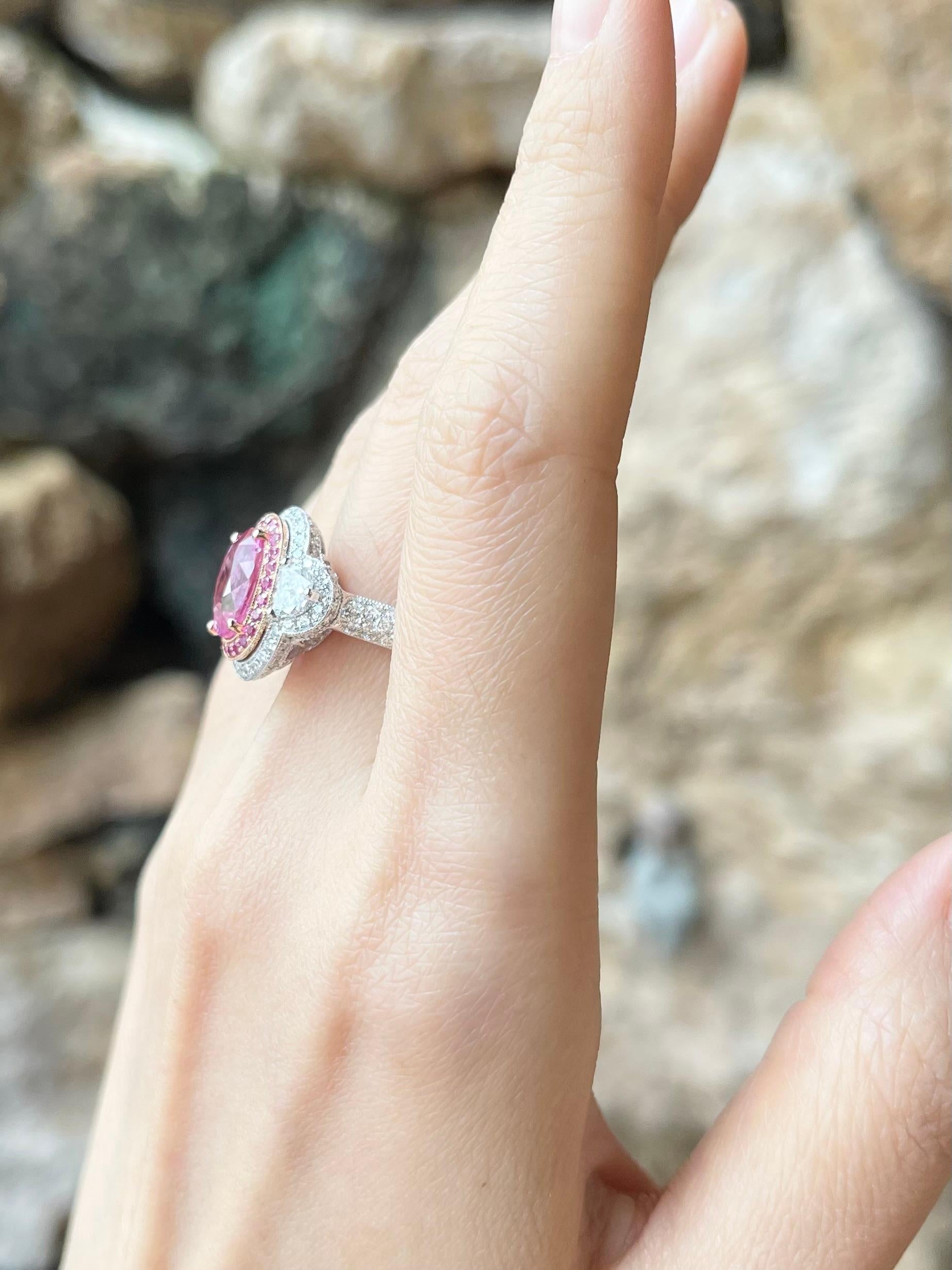 Oval Cut Unheated Pink Sapphire, Pink Sapphire and Diamond Ring in 18K Gold For Sale