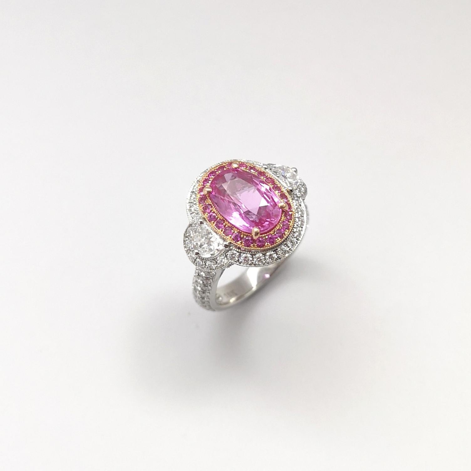 Unheated Pink Sapphire, Pink Sapphire and Diamond Ring in 18K Gold For Sale 1