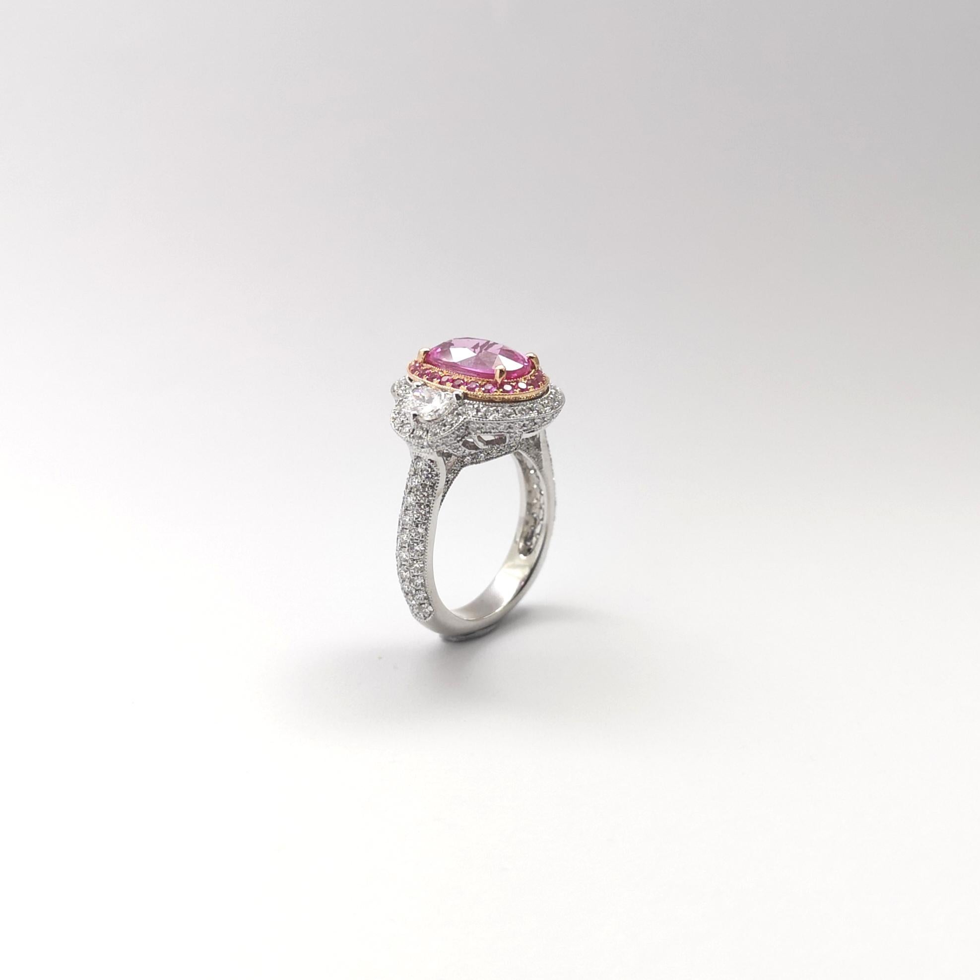 Unheated Pink Sapphire, Pink Sapphire and Diamond Ring in 18K Gold For Sale 2