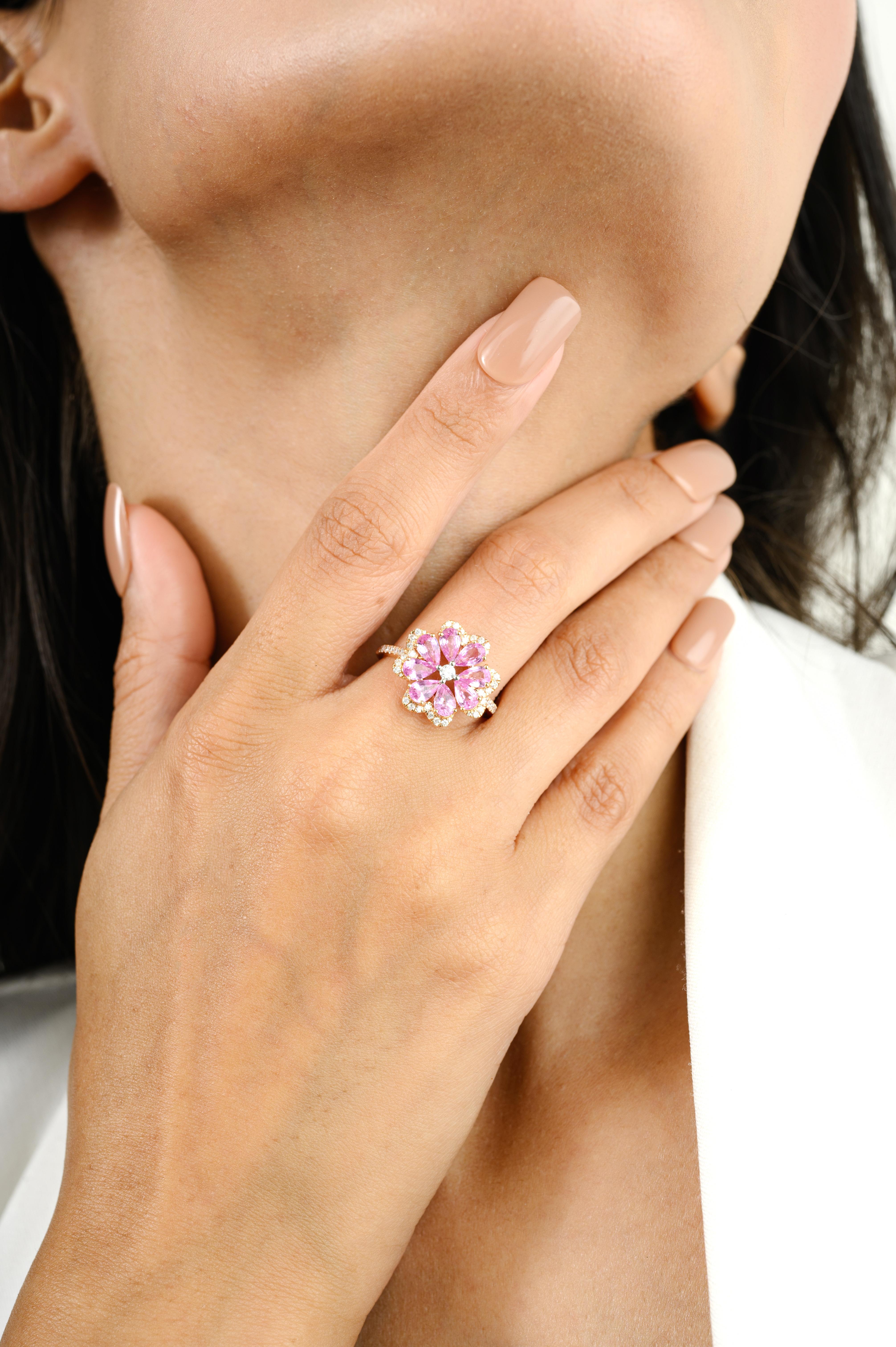 For Sale:  Unheated Pink Sapphire Flower Cocktail Ring with Diamonds in 18k Rose Gold 2