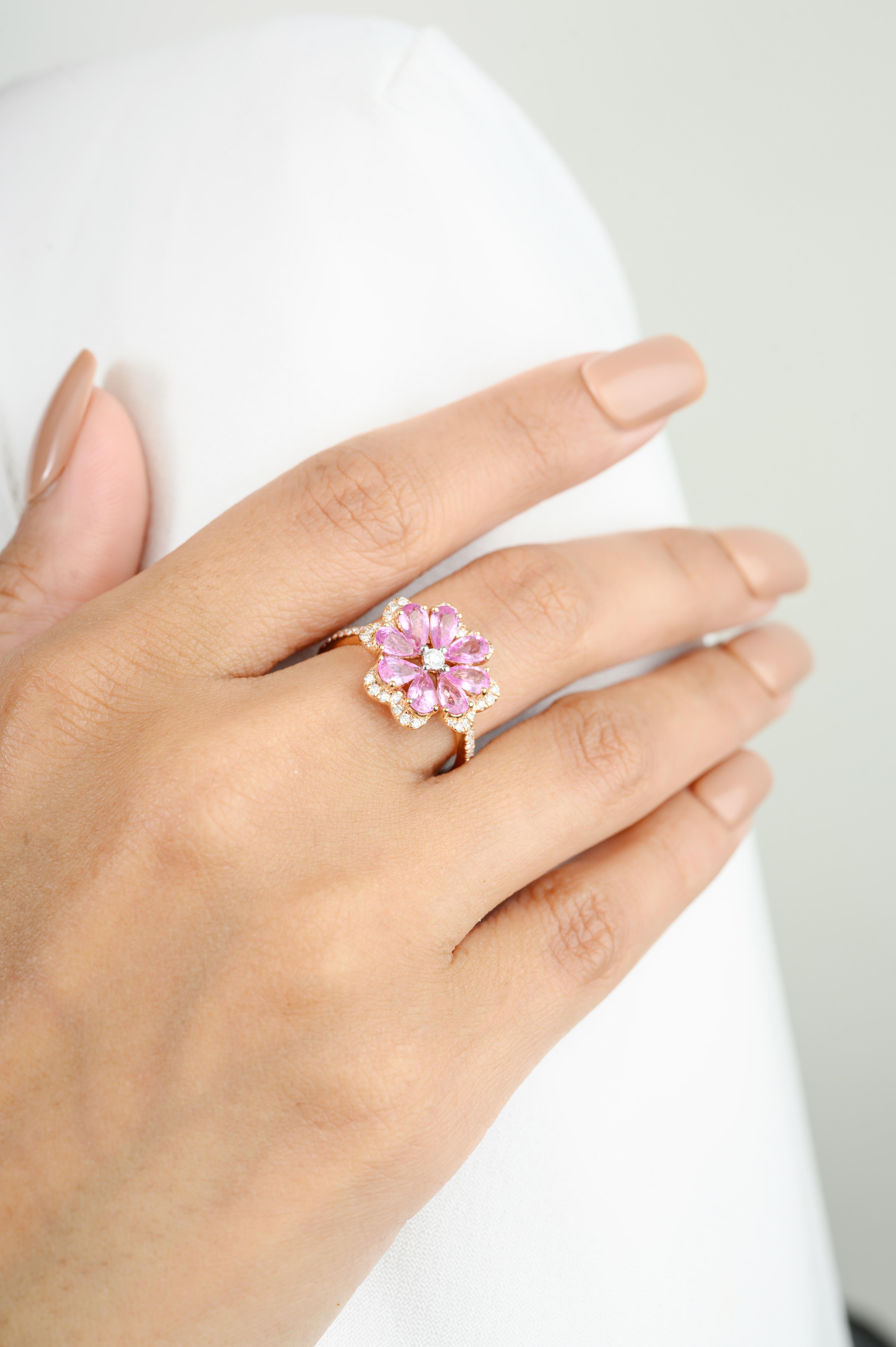 For Sale:  Unheated Pink Sapphire Flower Cocktail Ring with Diamonds in 18k Rose Gold 6