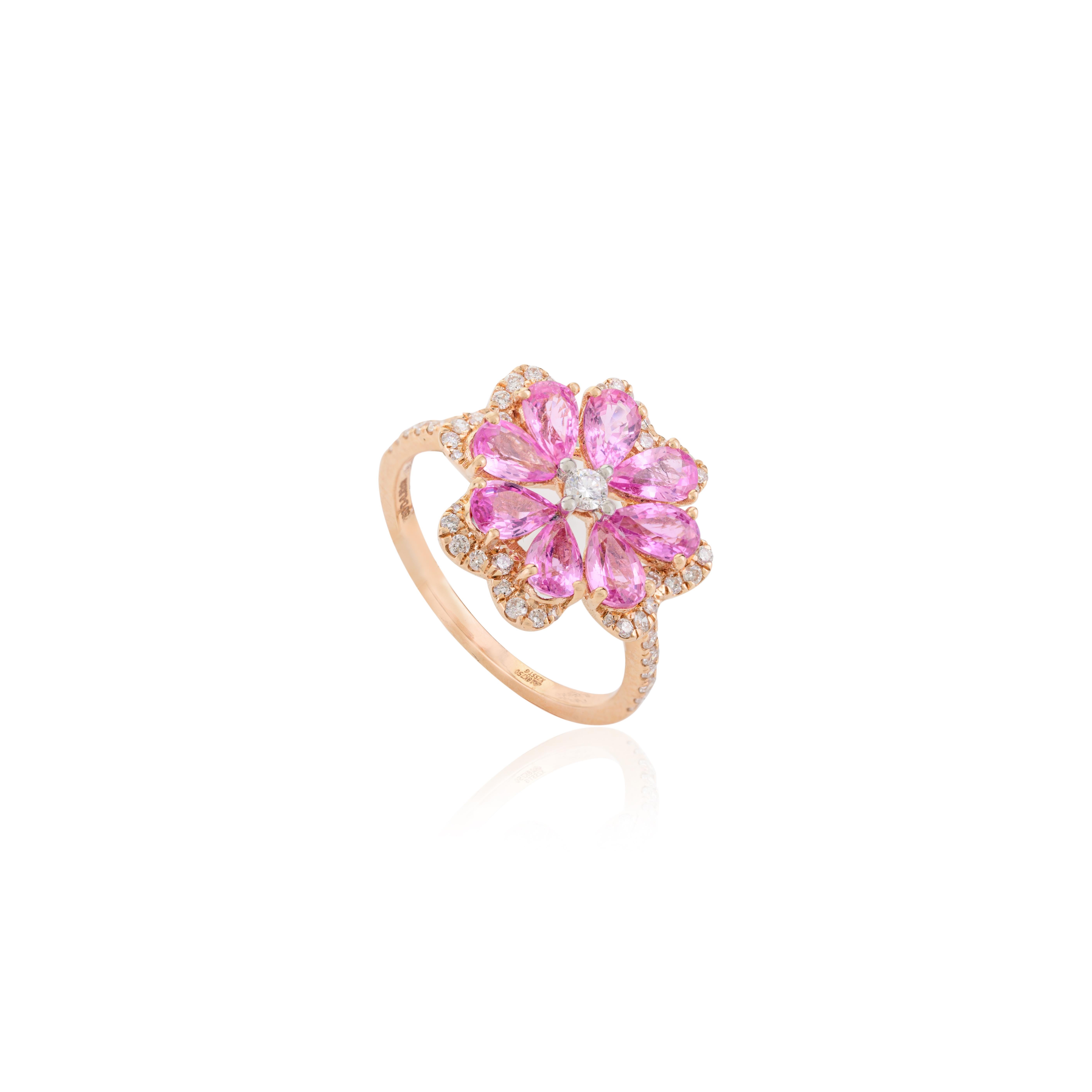 For Sale:  Unheated Pink Sapphire Flower Cocktail Ring with Diamonds in 18k Rose Gold 7