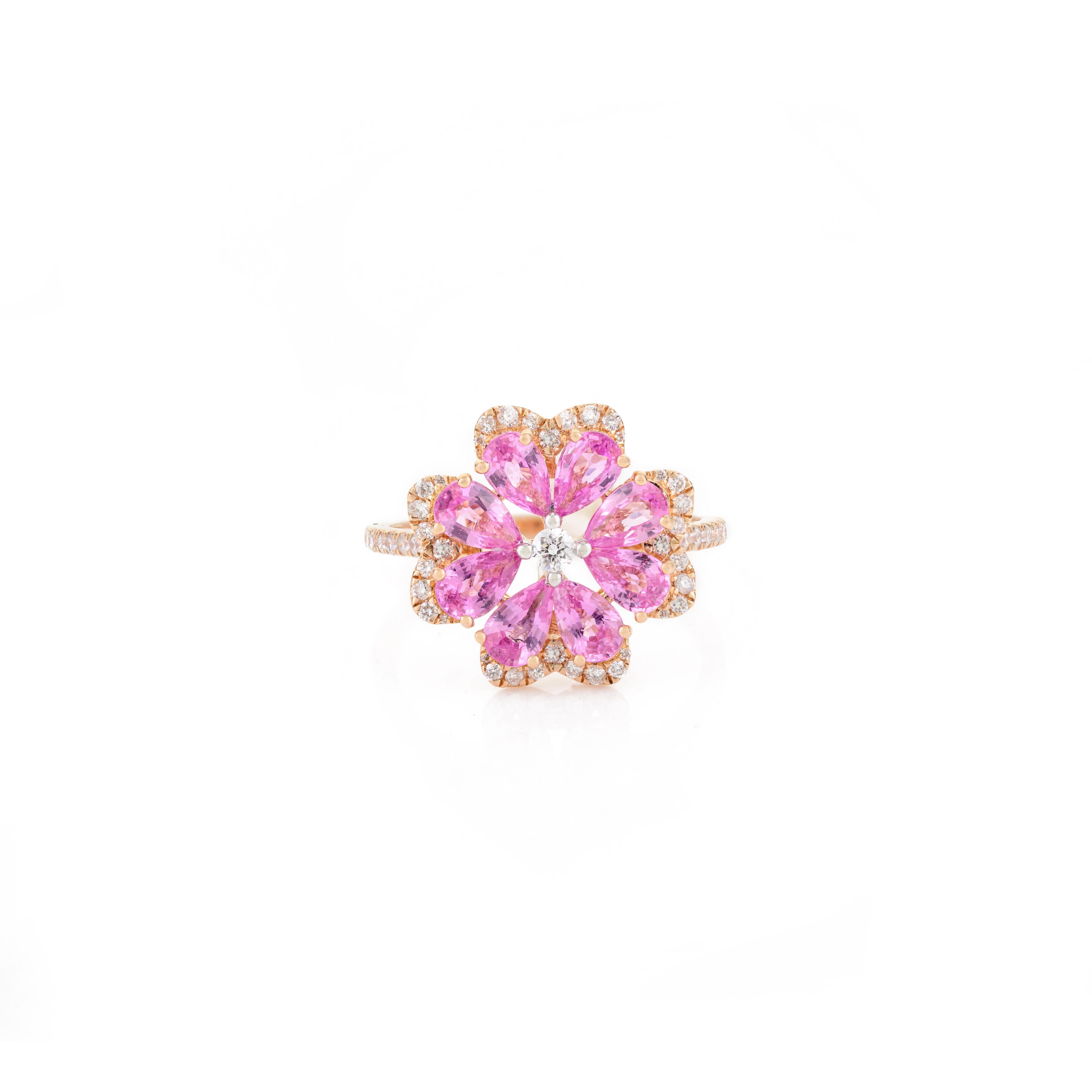 For Sale:  Unheated Pink Sapphire Flower Cocktail Ring with Diamonds in 18k Rose Gold 8