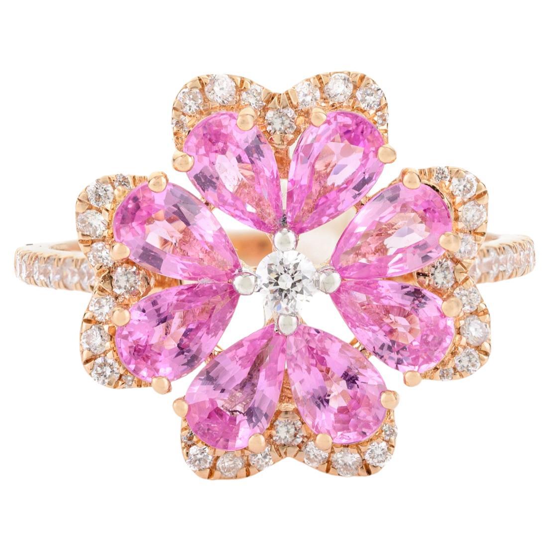 Unerhitzter rosa Saphir-Blumen-Cocktailring mit Diamanten aus 18 Karat Roségold