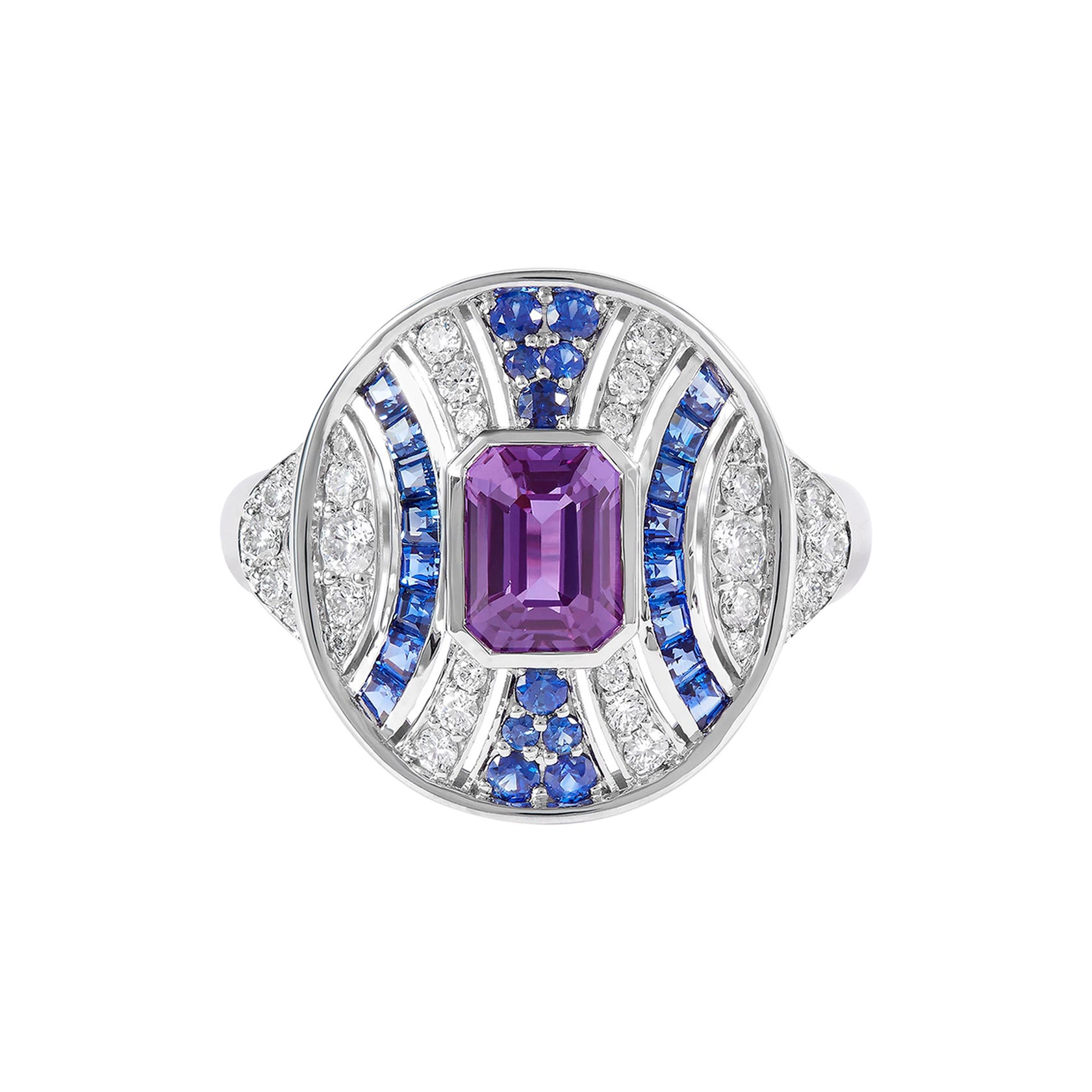 Unerhitzter lila Saphir blauer Saphir und Diamant 18K Weißgold Ring im Angebot