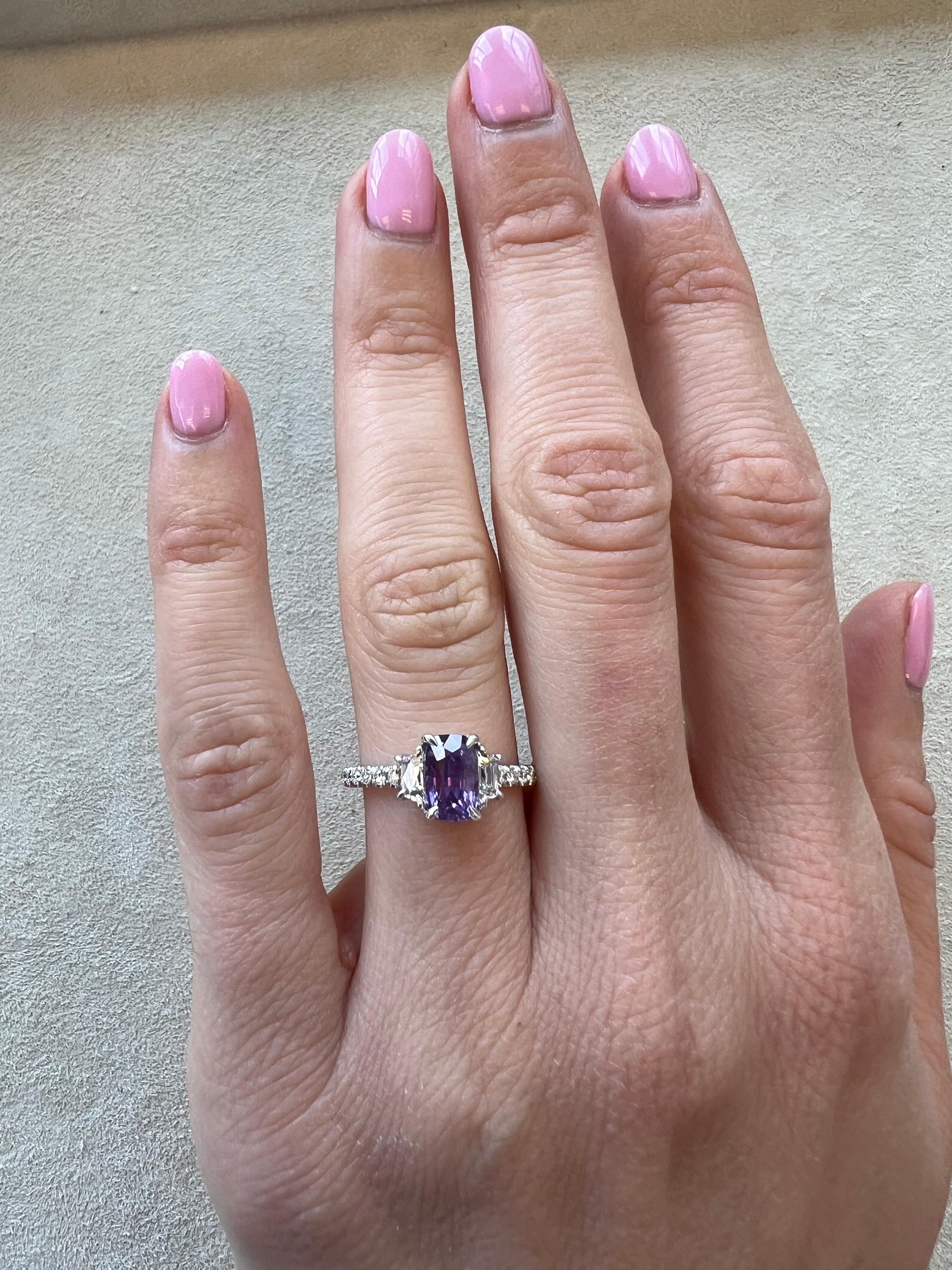 Cushion Cut Unheated Purple Sapphire Ring 1.60 Carat Cushion Natural No Heat For Sale