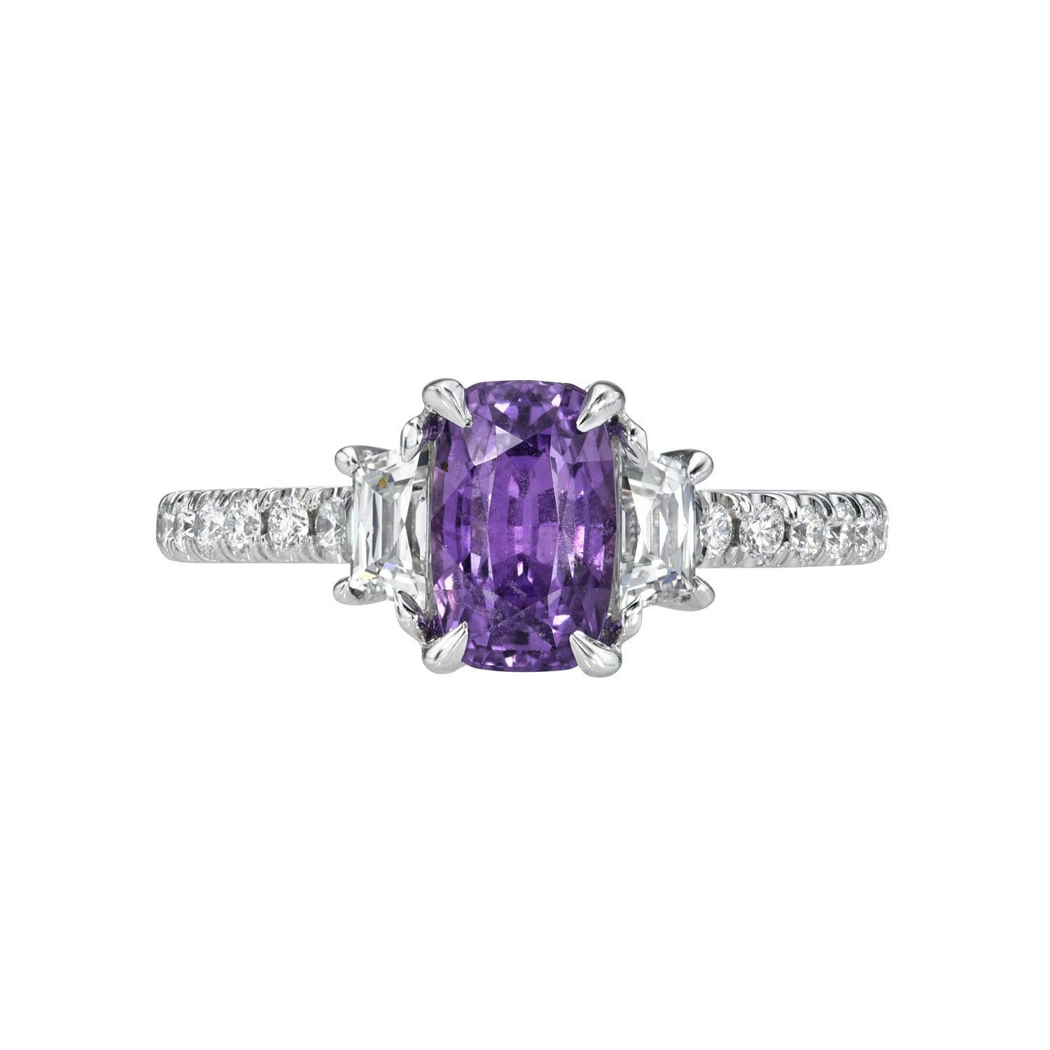 Unheated Purple Sapphire Ring 1.60 Carat Cushion Natural No Heat In New Condition For Sale In Beverly Hills, CA