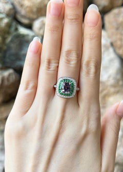 Unheated Purple Sapphire with Tsavorite and Diamond Ring set in 18K White Gold
