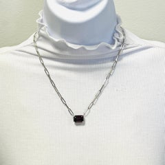 Unheated Purple Spinel Emerald Cut Bezel Paperclip Necklace in 14K White Gold