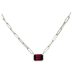 Unheated Purple Spinel Emerald Cut Bezel Paperclip Necklace in 14K White Gold