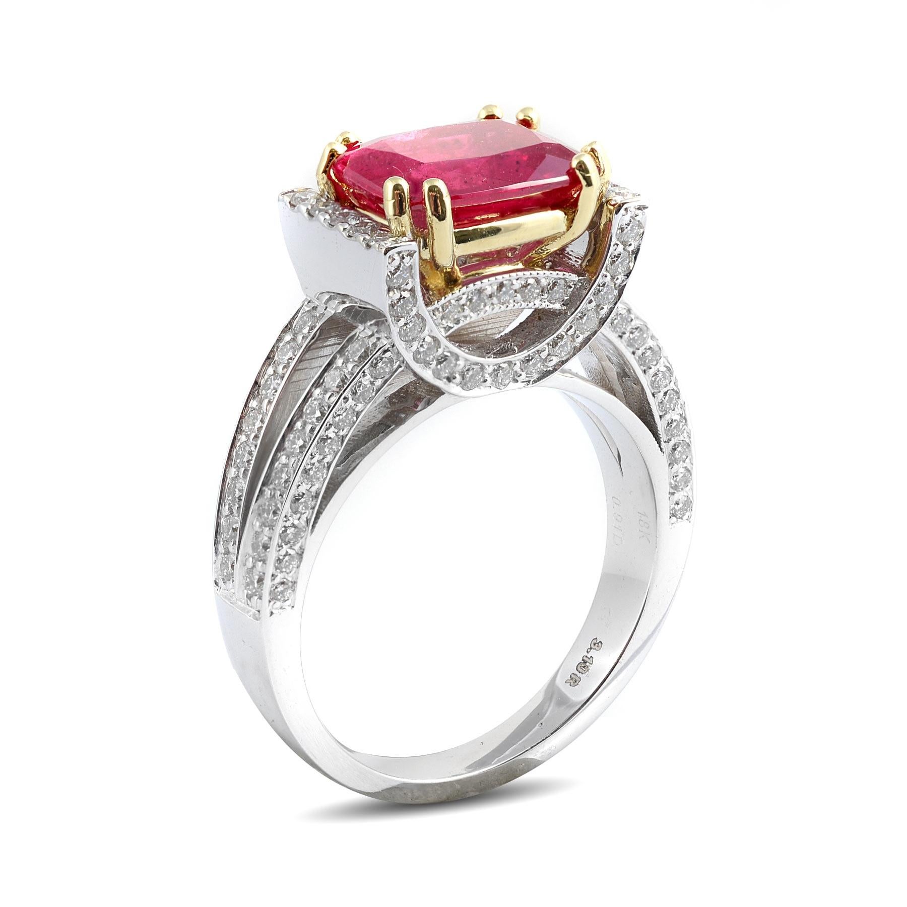 Unerhitzter roter Rubinstein 3,10 Karat in 18K zweifarbiger Ring mit Diamanten / GIA-Bericht im Zustand „Neu“ im Angebot in Los Angeles, CA