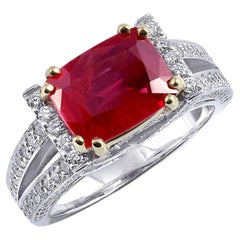 Unheated Red Ruby Stone 3.10 cts in 18K Two Tone Ring with Diamonds / GIA Report